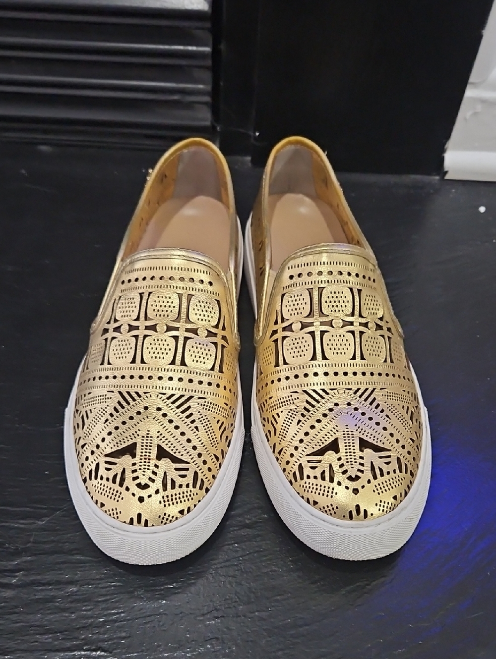 Metallic Gold Laser-Cut Slip-On Loafers - Women